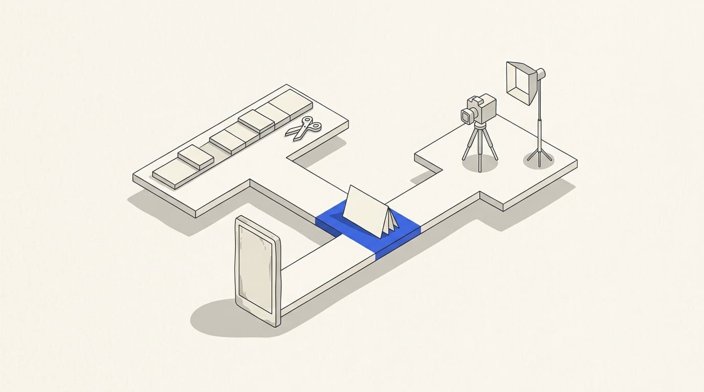 A video tile at a fork between an editing track and a camera and lighting setup.