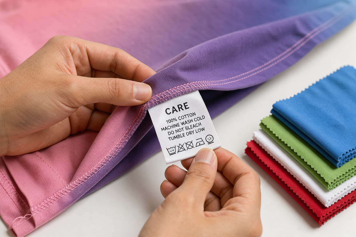 Close-up of hands reading a clothing care label inside a garment next to a small pile of sorted fabrics, bright and clear