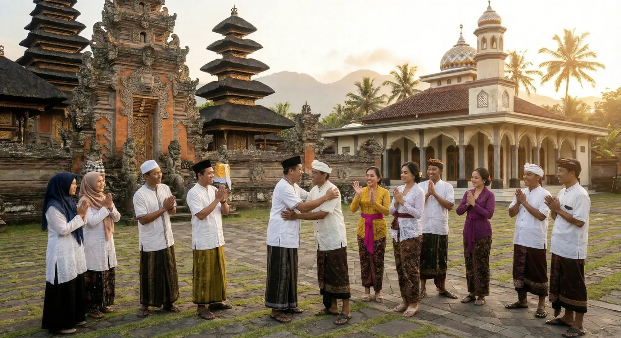Locals celebrating religious harmony during Ramadhan in Bali, featuring a warm greeting between Muslim and Balinese communities with temple and mosque views.