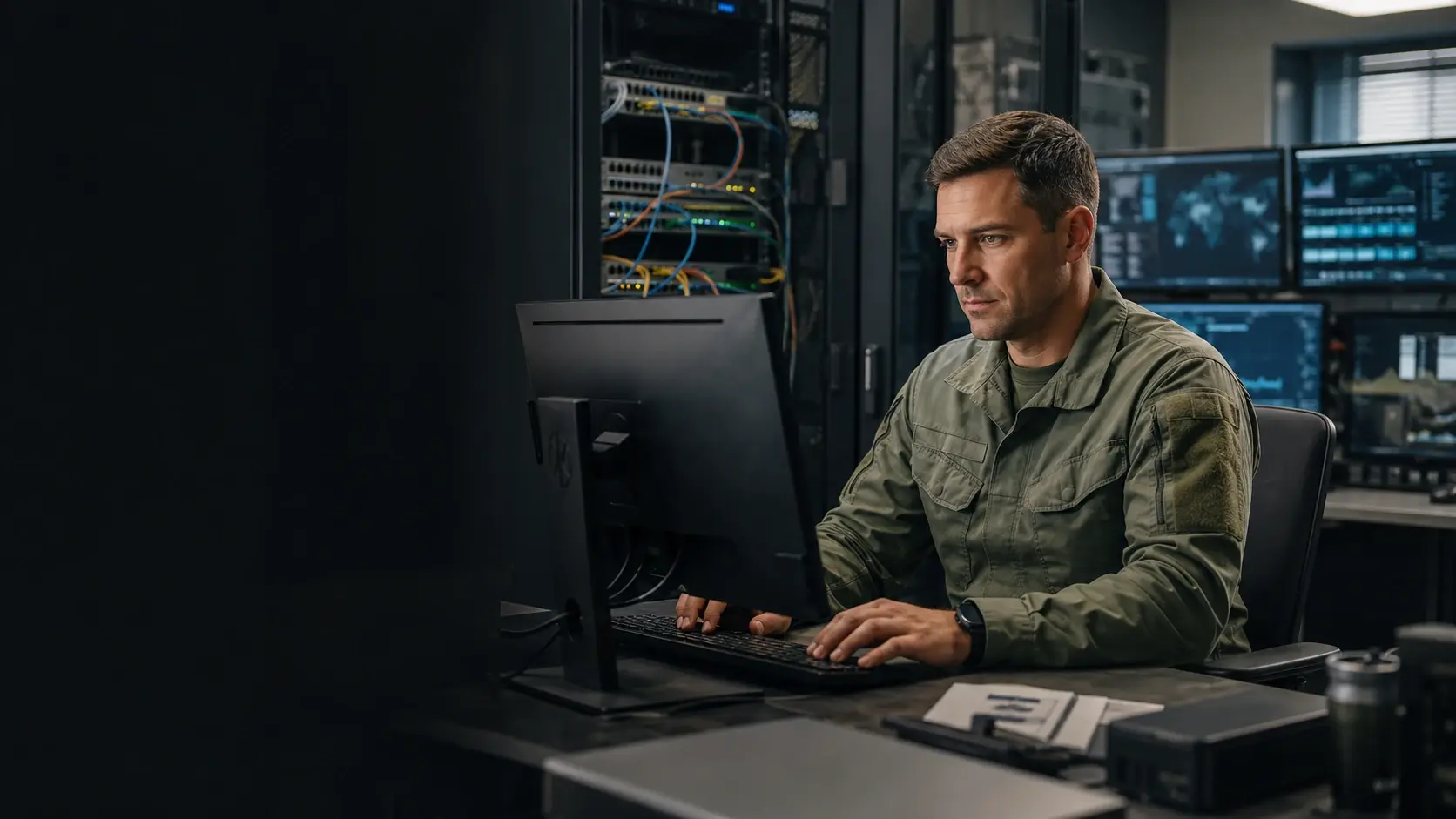 IT-специалист работает с компьютерами и сетевым оборудованием