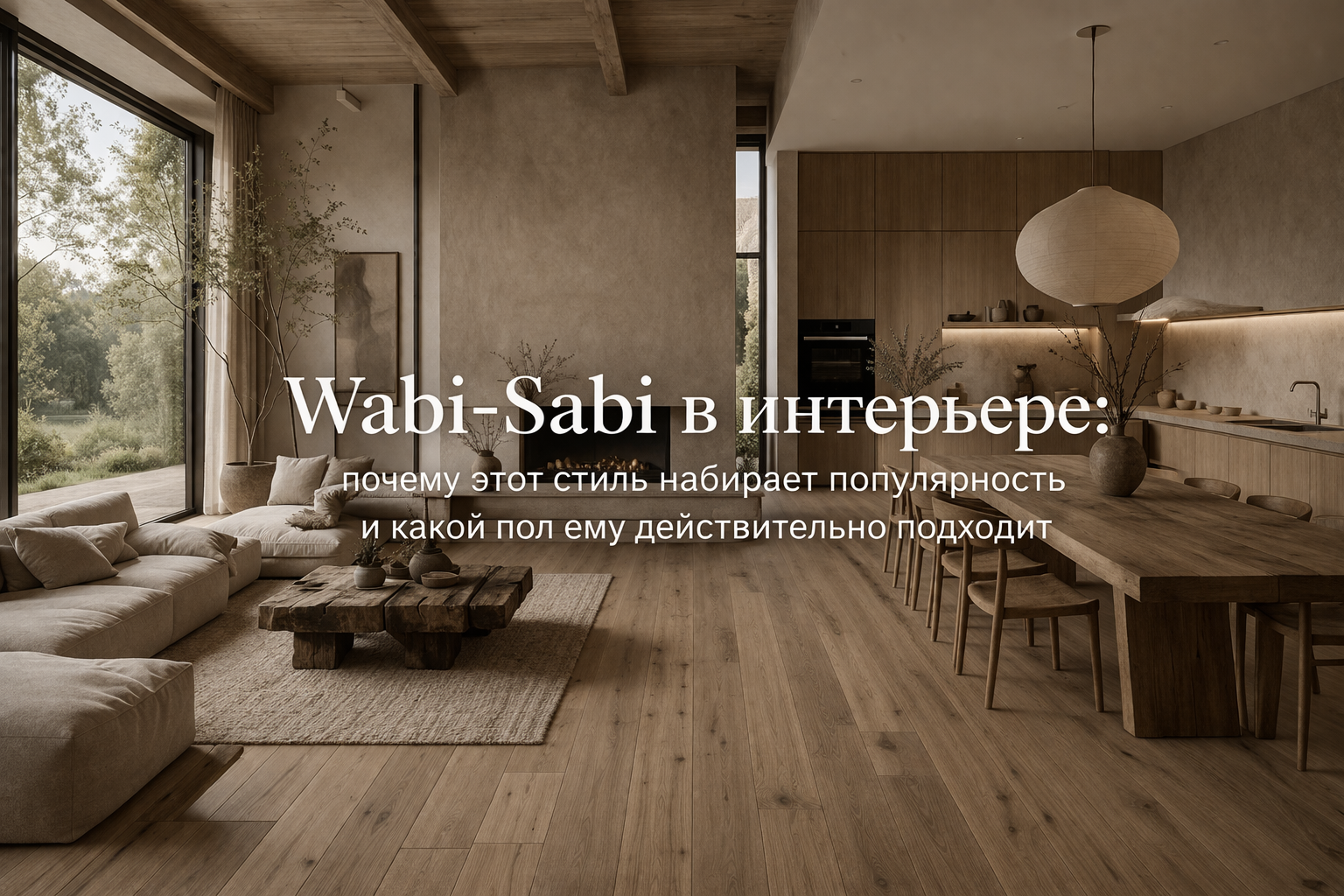 Спокойный интерьер в стиле Wabi-Sabi с мягким естественным светом, натуральными оттенками, тактильными фактурами, минималистичной мебелью и теплым деревянным полом, который подчеркивает природную эстетику пространства.