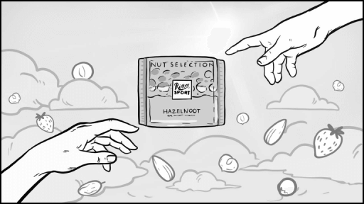 Витающий в облаках шоколад Ritter Sport – Кадр из рекламного сториборда: плитка шоколада парит в воздухе, окружённая руками. Наслаждение, орехи, премиальный десерт, визуальный стиль, лакомство