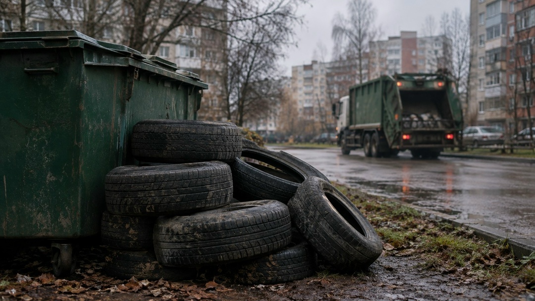 Старые автомобильные шины рядом с контейнером ТКО во дворе — мусоровоз проезжает мимо, потому что покрышки не входят в поток твёрдых коммунальных отходов