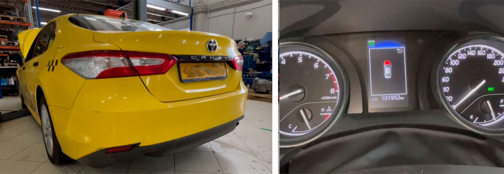 Жёлтая Toyota Camry 2021 в цехе ТРПЛАНТ и щиток приборов с пробегом 101 995 км