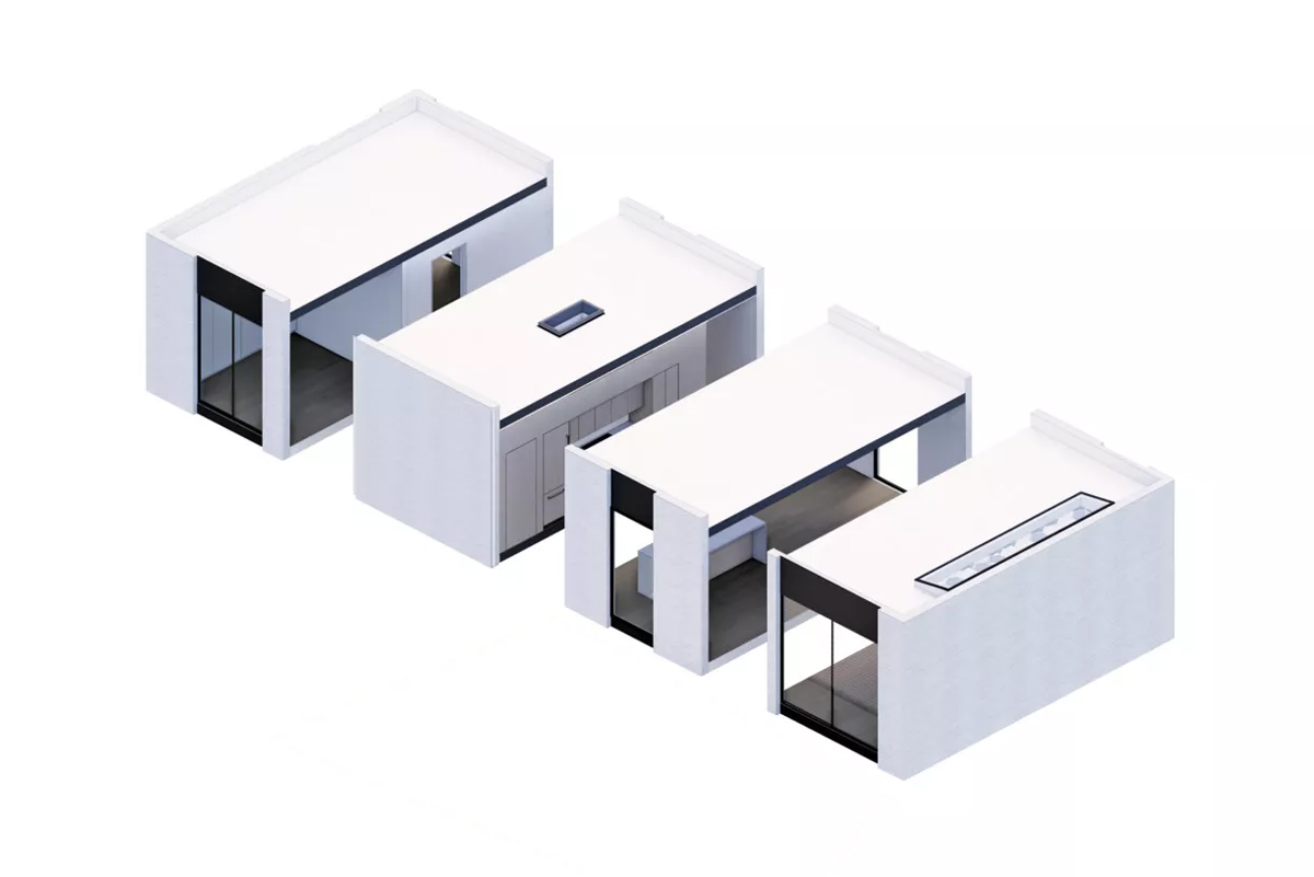 An axonometric diagram of EYRC’s housing modules, which can be combined to create the larger homes on offer. (Courtesy EYRC Architects)
