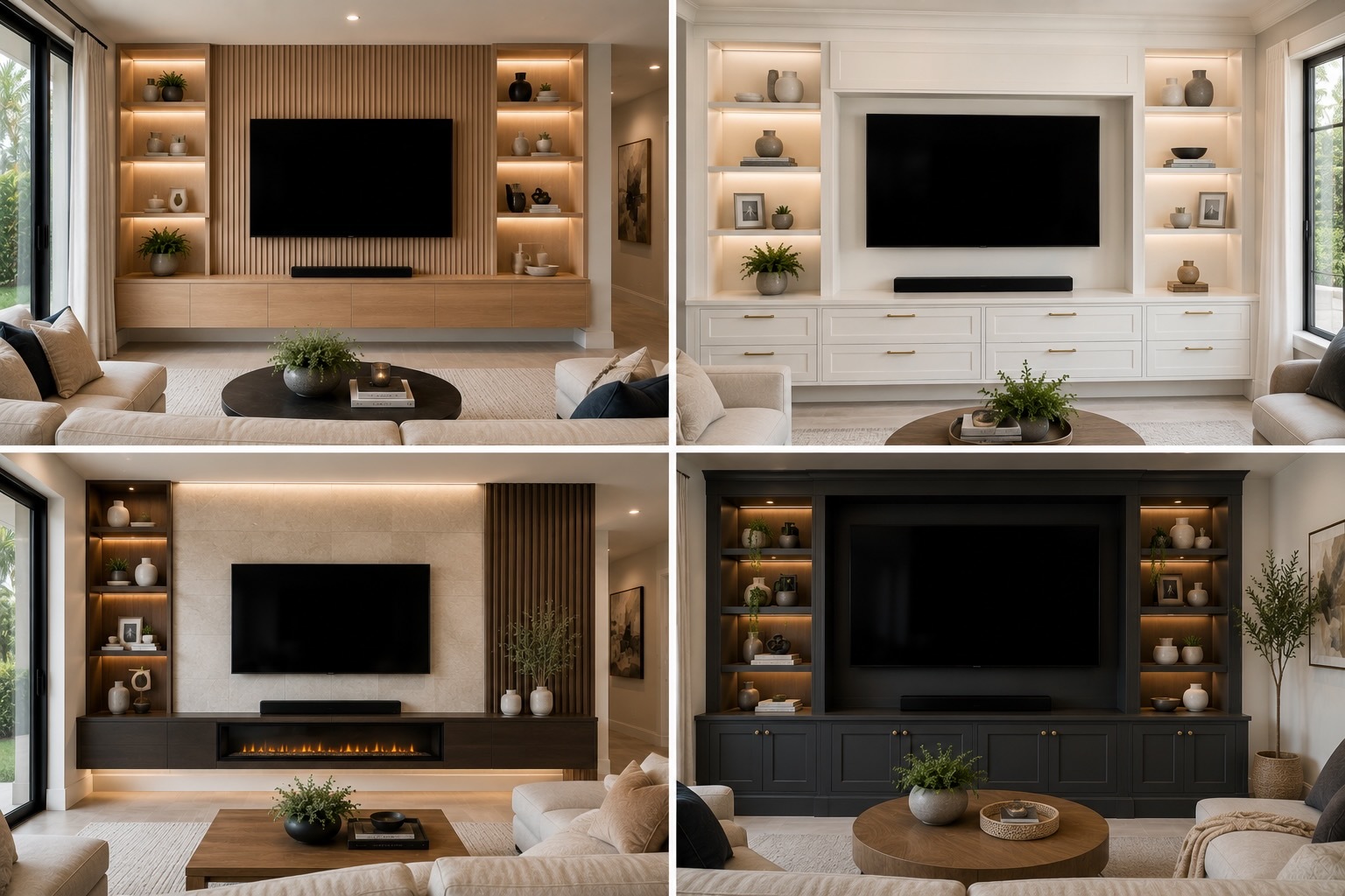 Collage of custom built-in media center projects completed in Orlando featuring entertainment centers, cabinetry, and fireplace walls.
