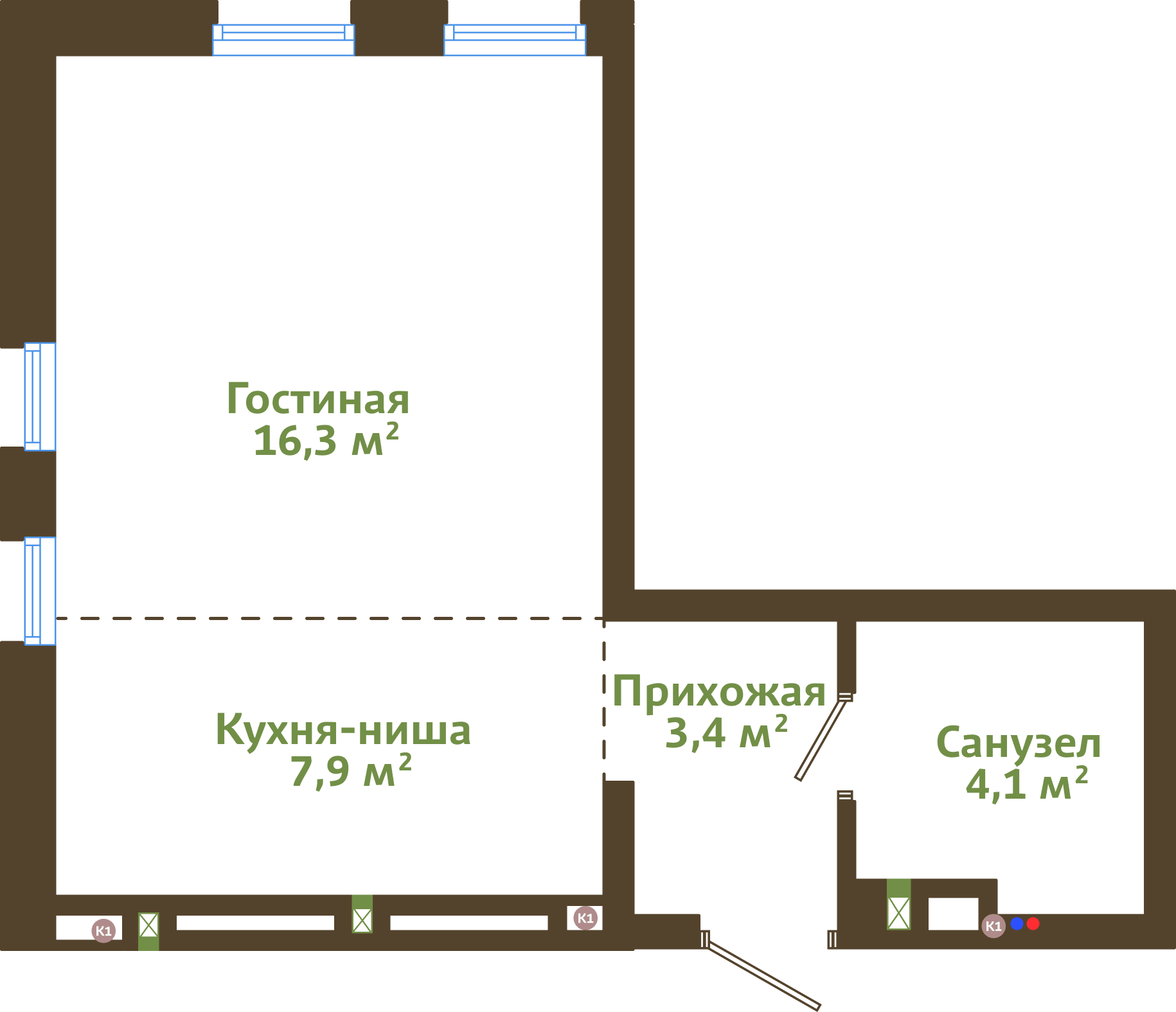 Планировка 1-комнатной квартиры 31,70 м²