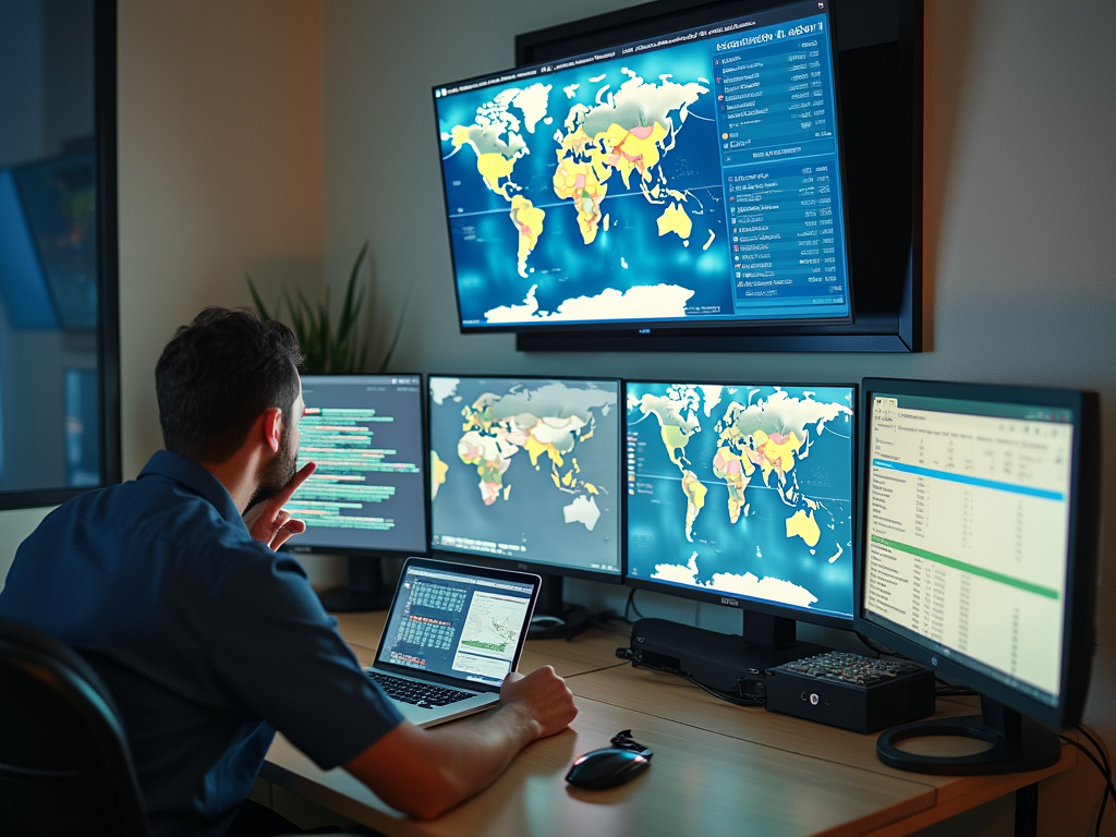 A man is sitting in front of large monitors, searching for something AI