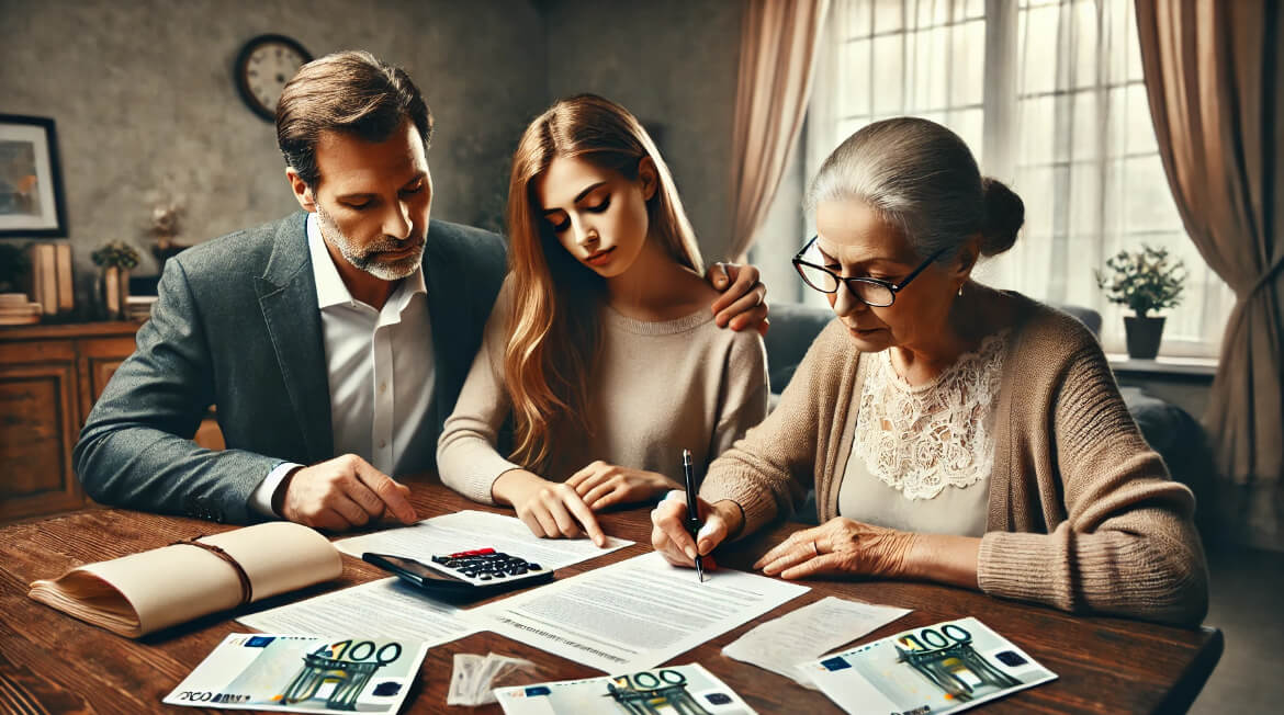 In the foreground, relatives are filling out the inheritance declaration without a notary. A middle-aged man and woman, along with an elderly parent, are carefully reviewing the documents at a wooden table. On the table, there are financial papers and a c