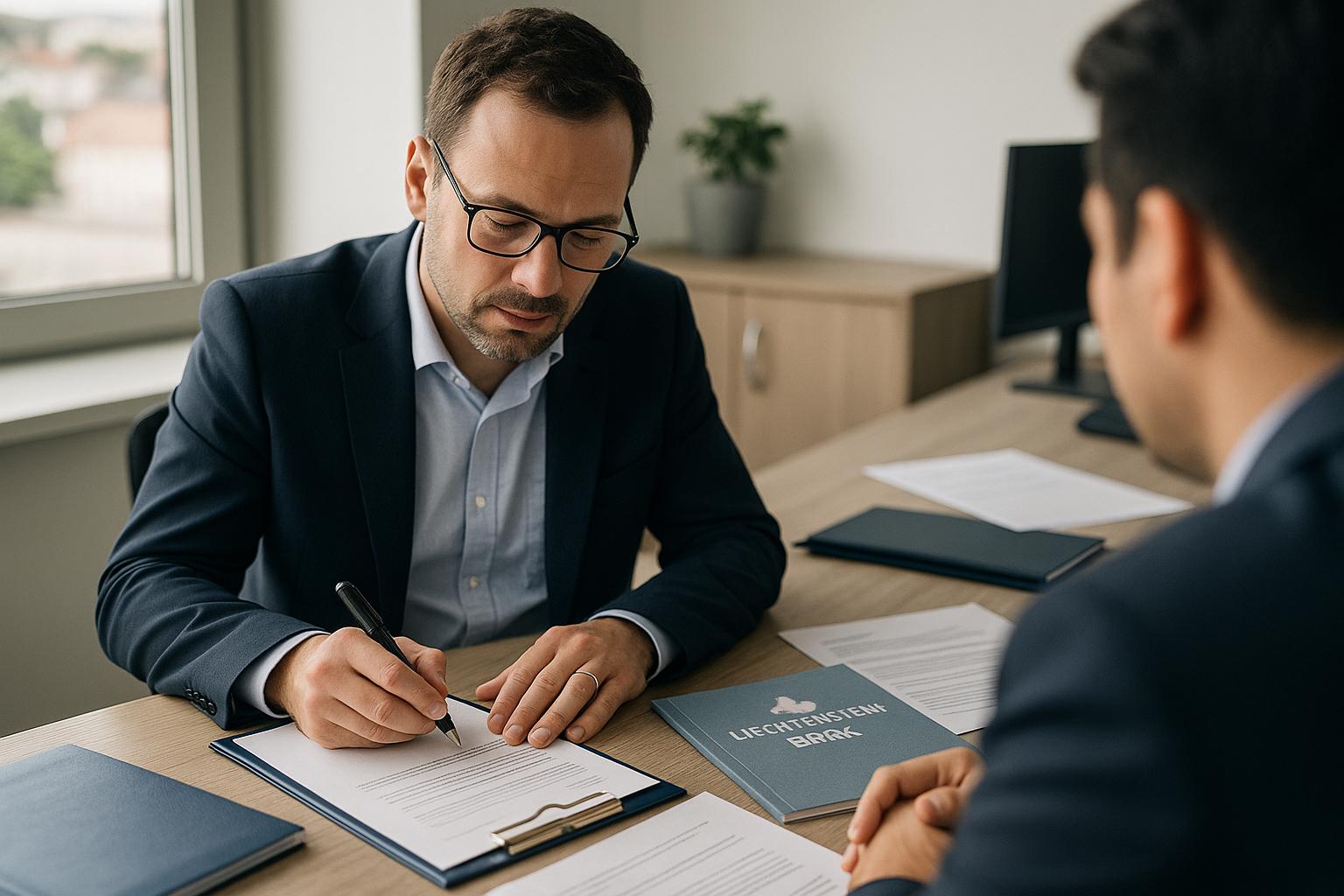 Unternehmer öffnet Geschäftskonto in Liechtenstein und bespricht KYC-Dokumente mit Berater