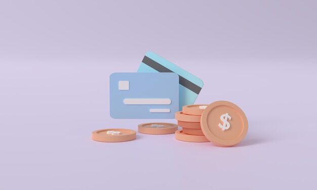 Digital Savings 3D Rendering of Credit Card with Coins on pastel Purple Background Illustrating the Concept of a Cashless Society and MoneySaving