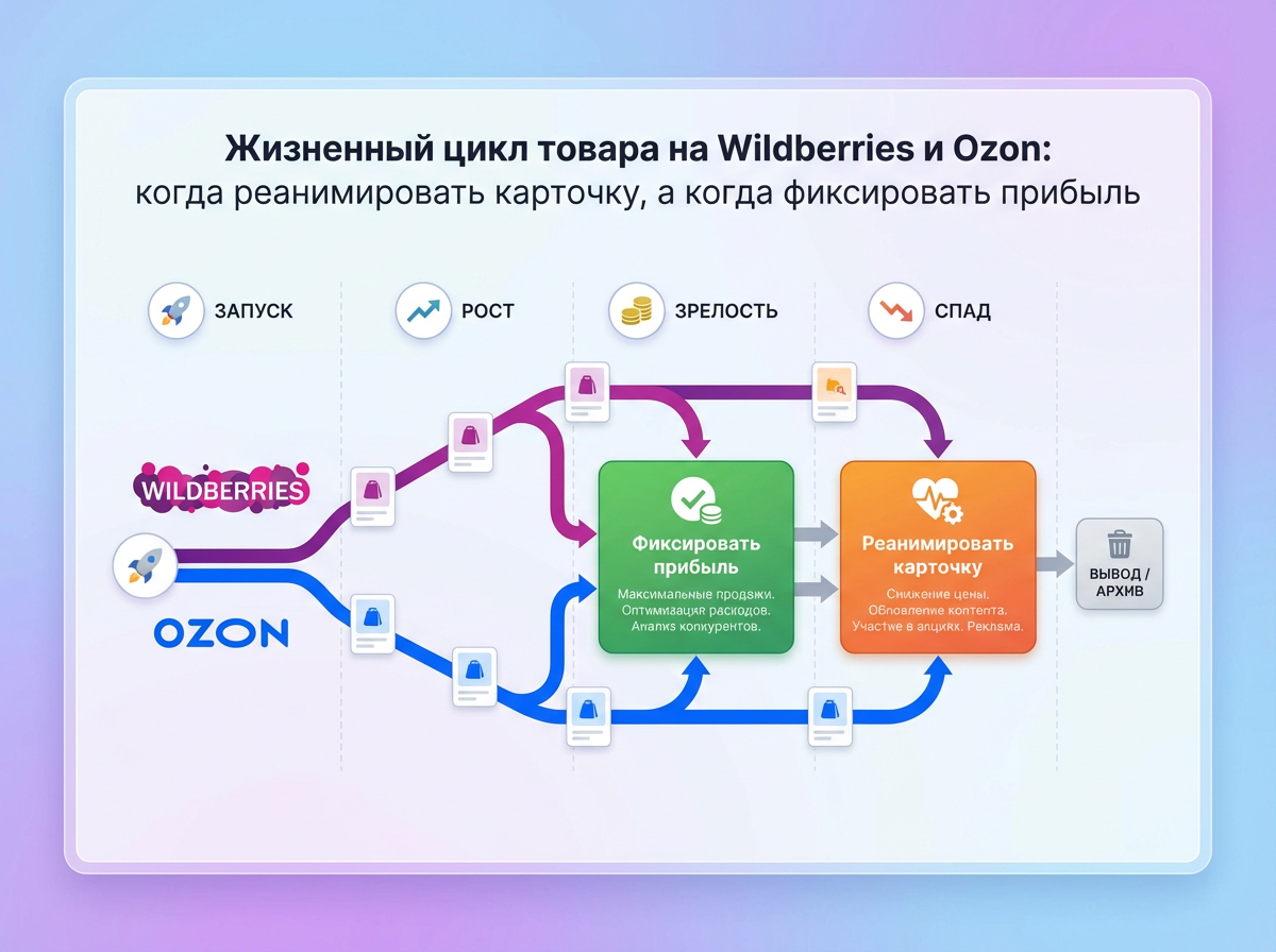 График показывающий жизненный цикл товара на маркетплейсе с этапами внедрения роста зрелости и спада