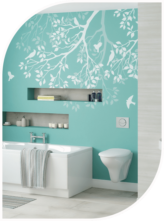 Ванная комната в цвете тиффани, использующаяся как образец идеально чистой комнаты для сайта клининговой компании Деверра