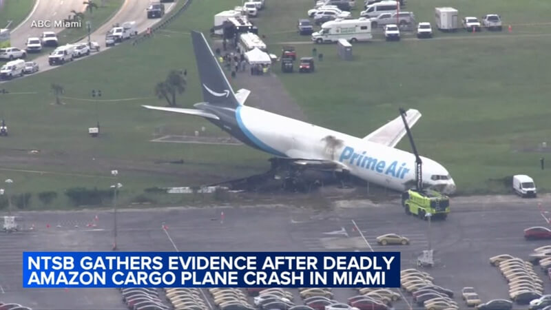 blog, News image showing a damaged Prime Air cargo plane and emergency vehicles with an ABC Miami label, 519