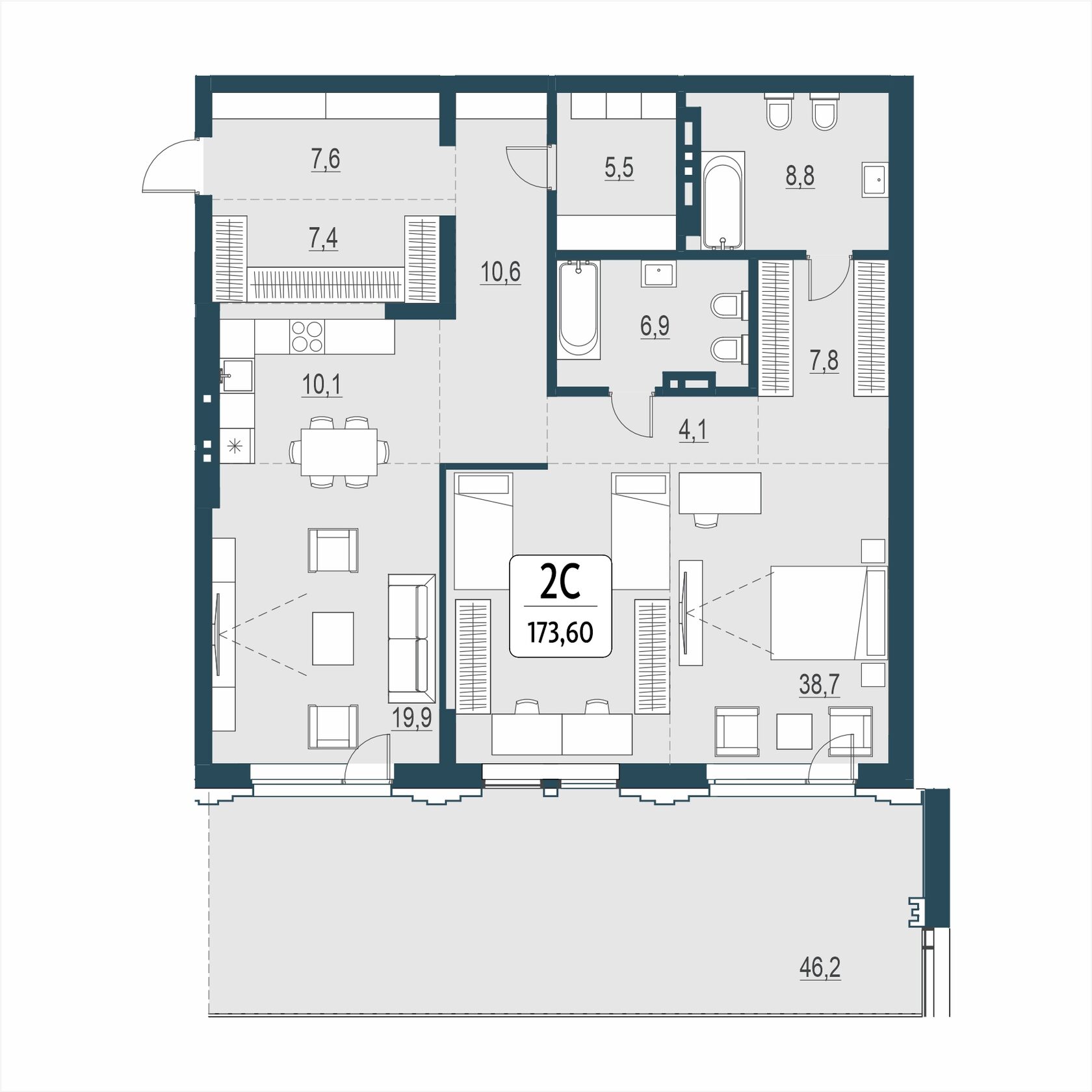 Планировка: 3-комнатная квартира-студия, 173,6 м²