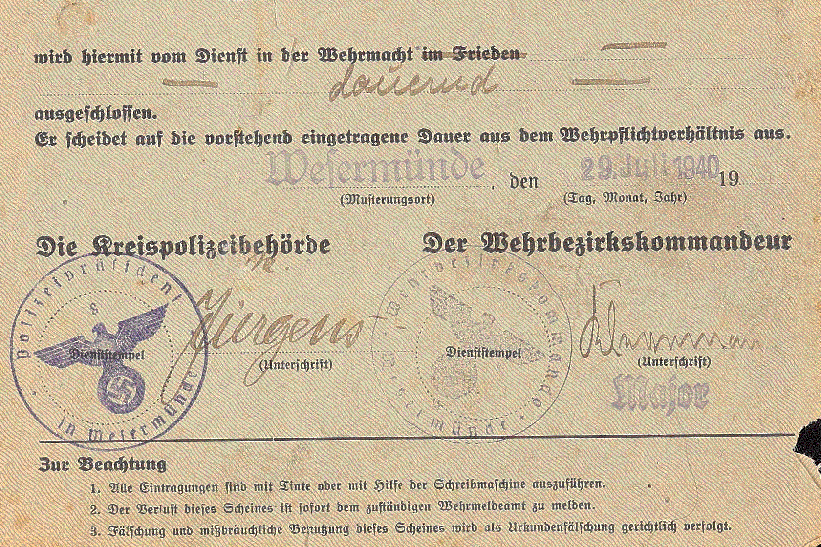Potrykus´ Dienstbefreiungsnachweis (1940), S. 2/2
