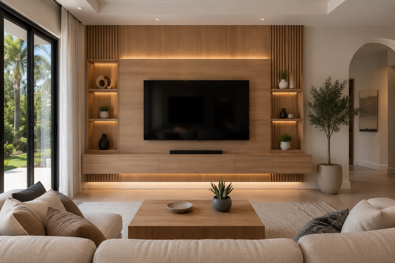 Modern custom TV media wall with floating cabinets and integrated LED lighting in an Orlando living room.