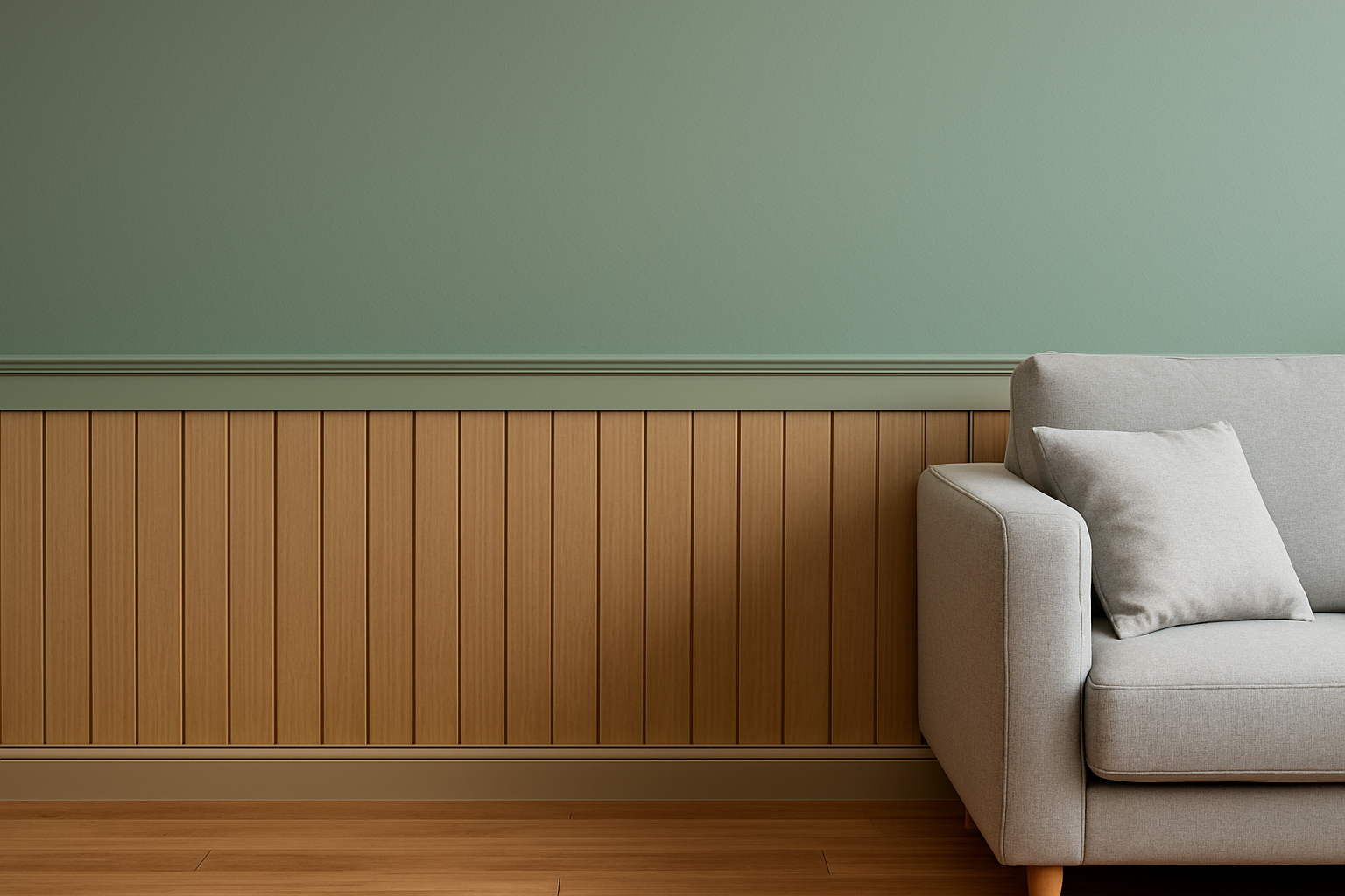 Современная стена в гостиной: краска в верхней части и вертикальные деревянные панели внизу