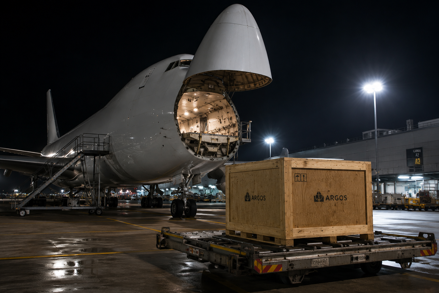 Wooden aircraft parts shipping crate on a cargo dolly at an airport apron at night — AOG freight crating for urgent aircraft component shipments from Ontario