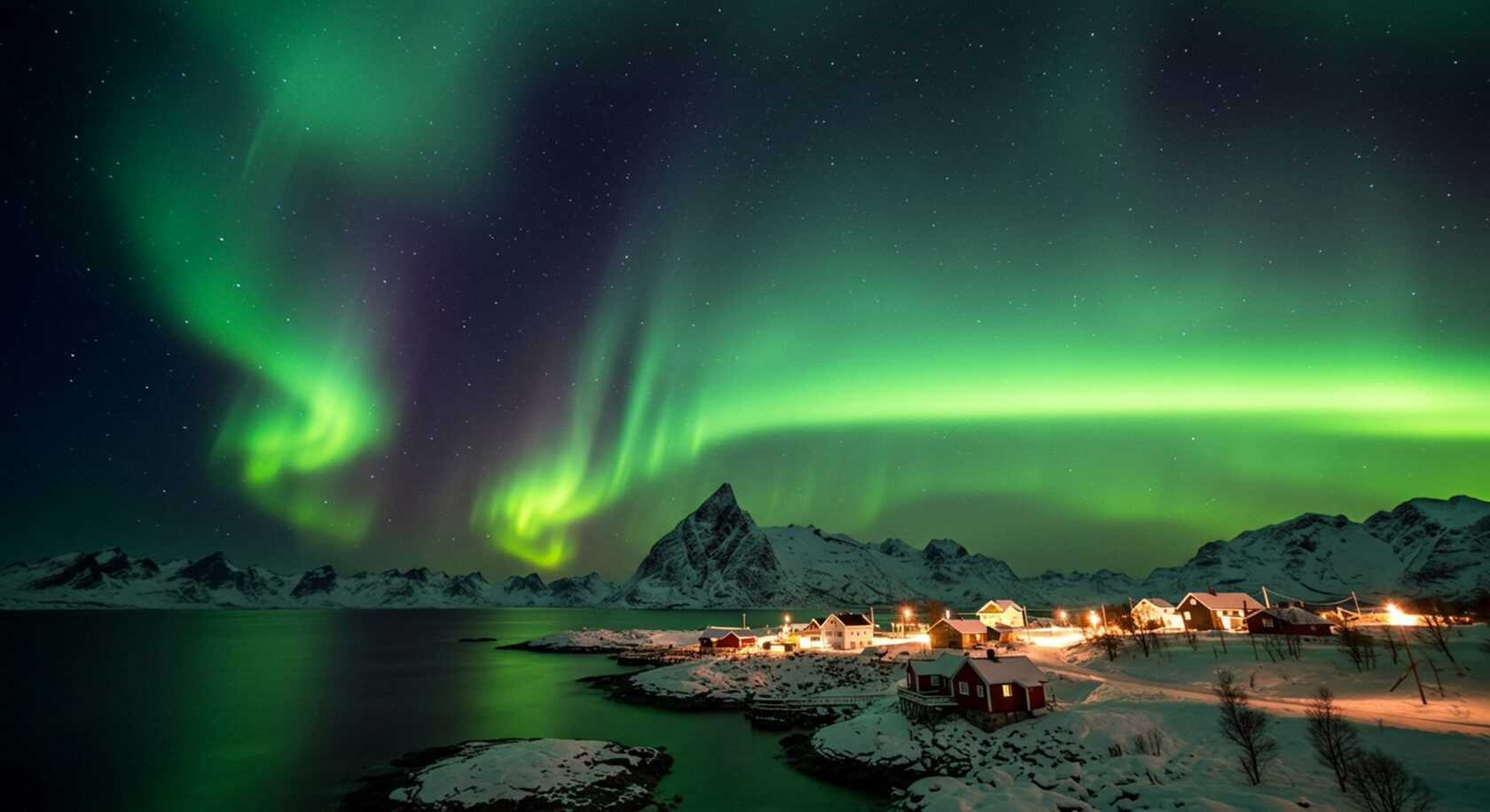 Aurora borealis dancing across the arctic night sky above snowy landscape