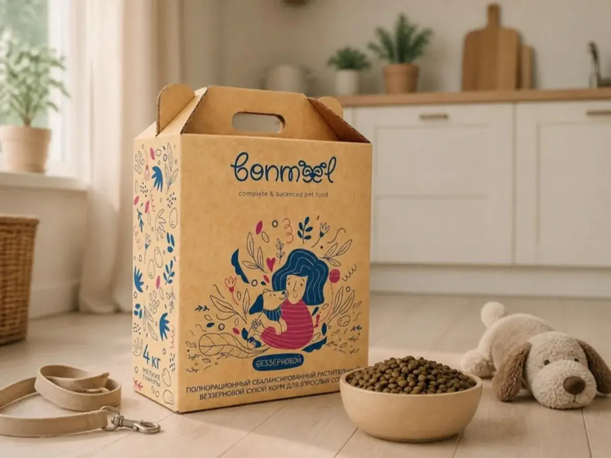 Коробка беззернового корма Bonmeel и миска с гранулами на кухне