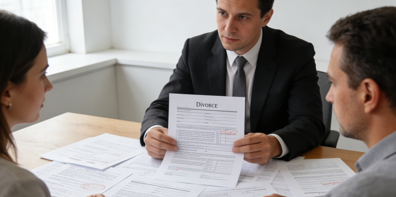  Family attorney reviewing divorce documents with client.