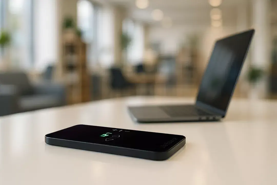 Прибор БРТ WebWellness Life Balance лежит на столе в шоуруме Алматы