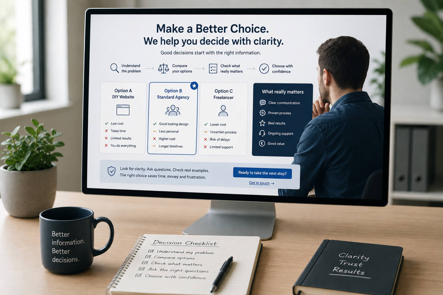 Website decision guide concept showing a visitor comparing options checking trust signals and choosing the right service