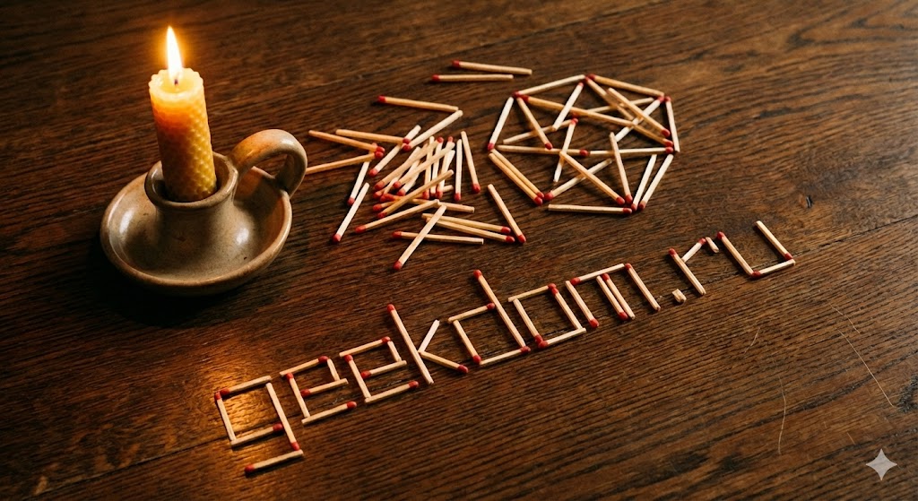 Горящая свеча и спичечная головоломка на столе.