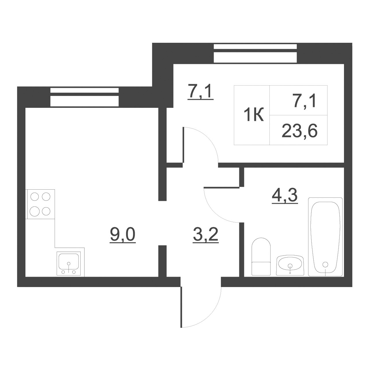 Планировка 1-к.кв 24.3 м², Дом на набережной. Атлантика