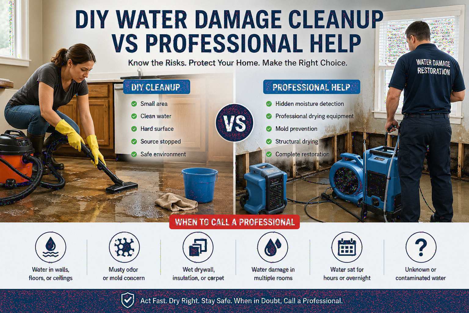 DIY water damage cleanup vs professional help infographic showing a homeowner using a wet vacuum for a small clean-water spill professional drying equipment hidden moisture risks wet drywall mold concern and when to call a restoration professional