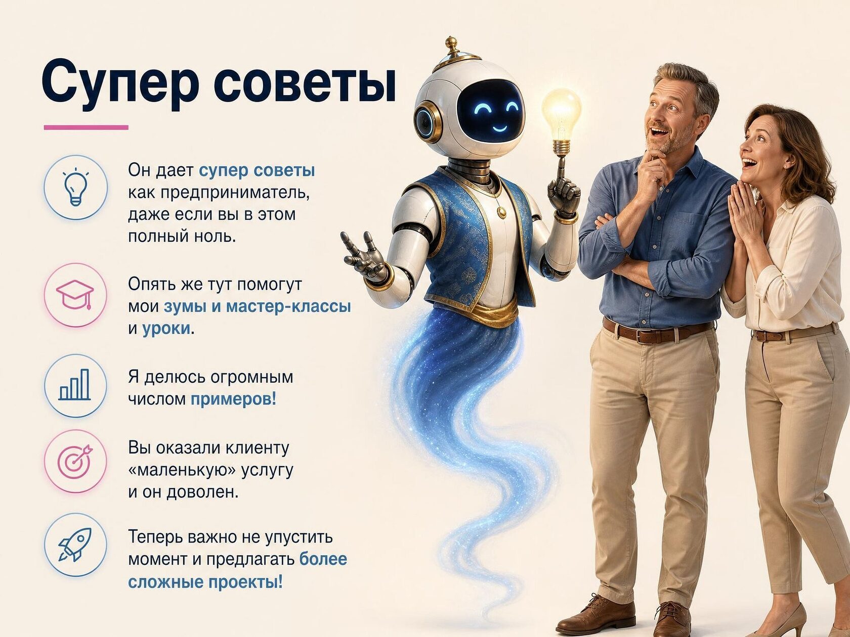 Слайд нашей презентации: робот-джин с лампочкой и визуальные подсказки