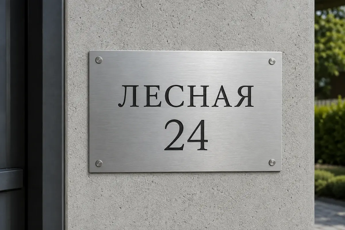 Плоская адресная табличка ЛЕСНАЯ 24 из шлифованного металла без света