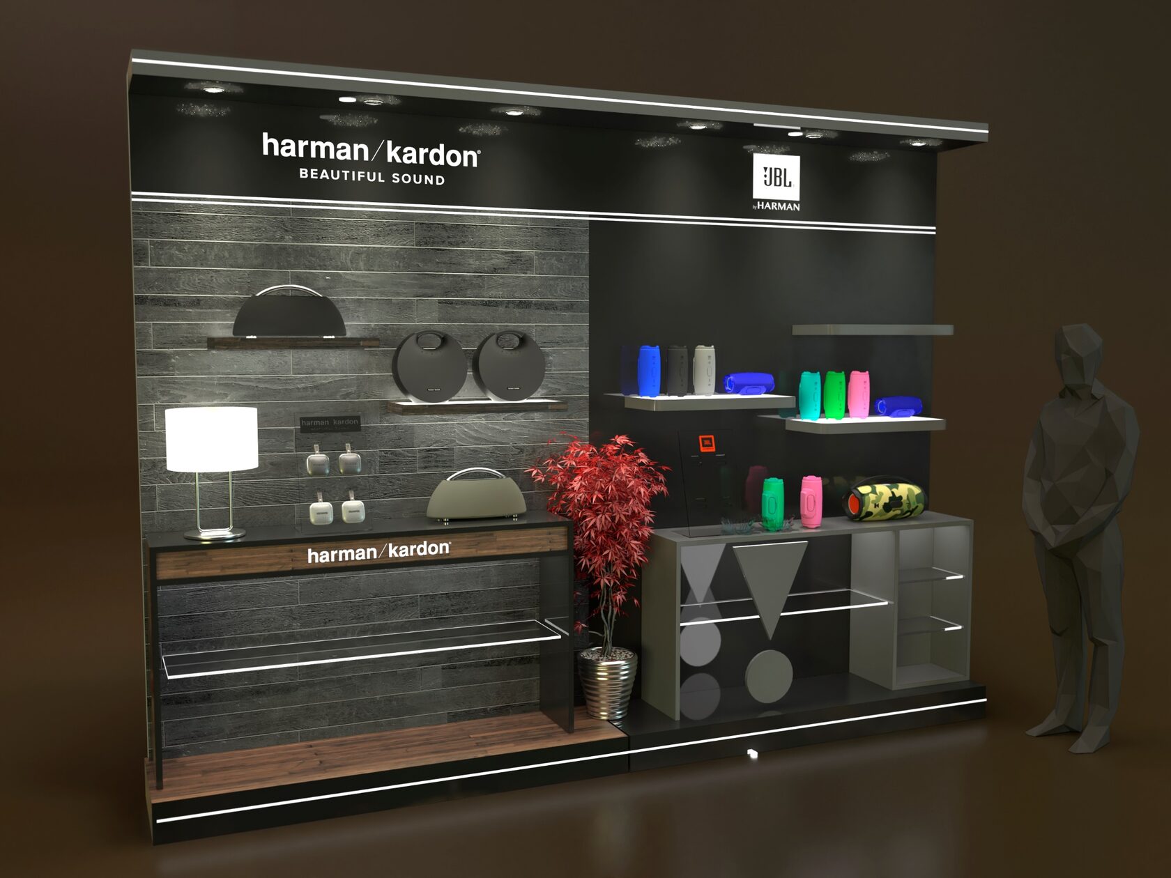 Торговая зона Harman Kardon и JBL без центральной колонны: графитовая секция JBL, серые полки и растение между брендами