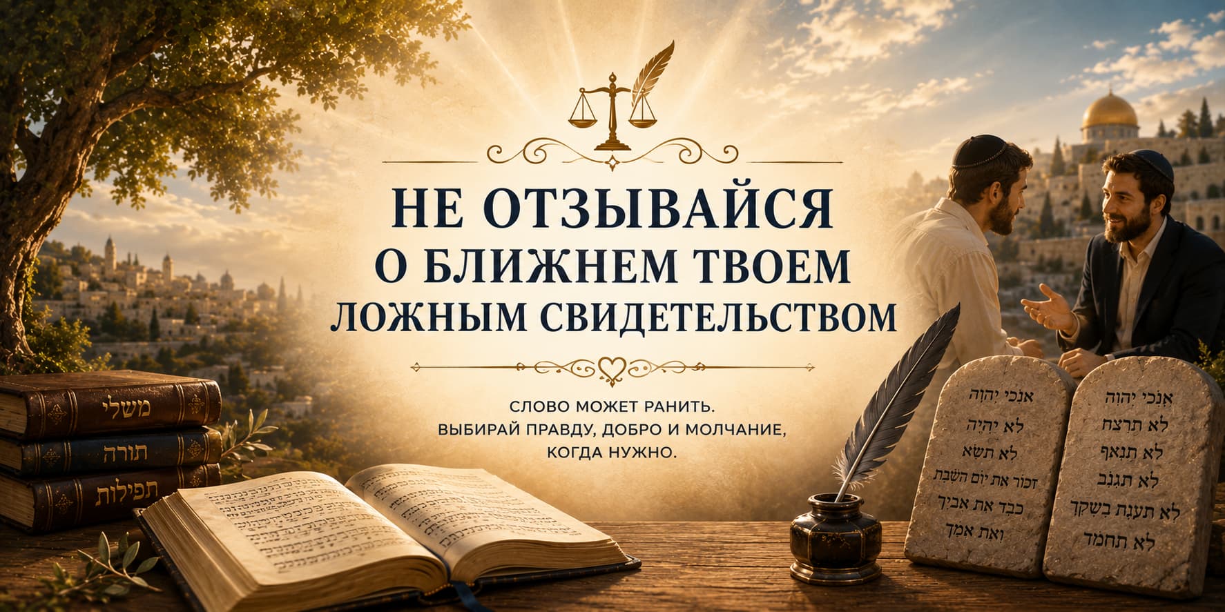 Иллюстрация к девятой заповеди Торы «Не отзывайся о ближнем твоем ложным свидетельством». На фоне древнего Иерусалима изображены священные книги, Скрижали Завета, перо и беседующие люди. Композиция символизирует ответственность за слова, запрет клеветы, в