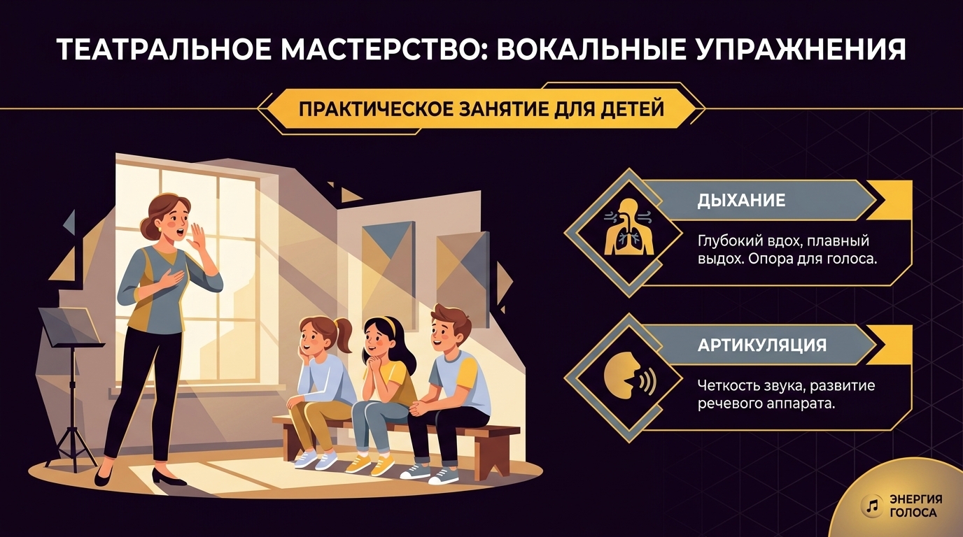 Педагог показывает упражнение по сценической речи группе детей
