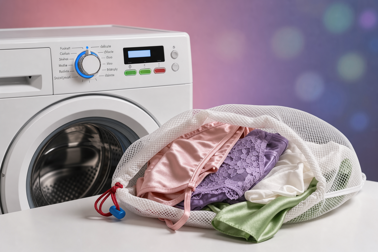 Delicate garments placed in a mesh laundry bag next to a washing machine control panel showing the 'delicate' cycle, soft fabrics visible