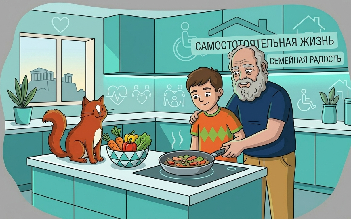 Сократ и кот Платон на кухне помогают человеку готовить, символизируя сопровождаемое проживание инвалидов