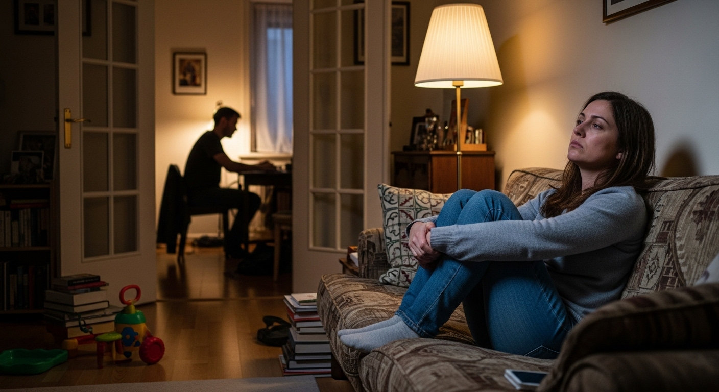 Женщина сидит одна на диване, обнимая колени, на заднем плане силуэт мужа в другой комнате — ощущение одиночества в браке