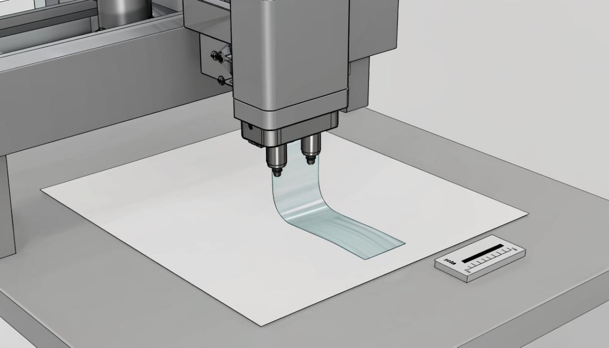 Точное нанесение клея дозирующей головкой на бумжаную этикетку