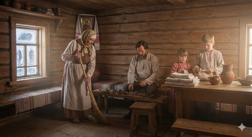 Семья занимается уборкой в избе на Филиппов день, символизируя окончание праздников