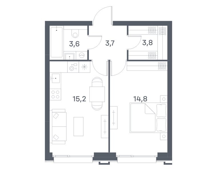 Планировка квартиры с 1 спальней 41,1 м² в ЖК Portland: корпус 5, секция 1, 20-й этаж