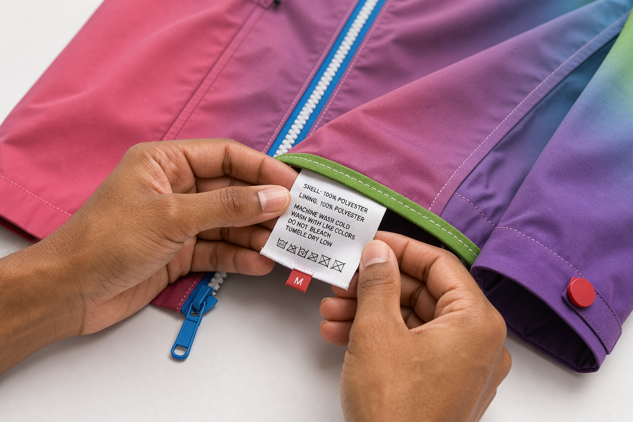 Close-up of hands examining a clothing care label and textile weave of a jacket on a table