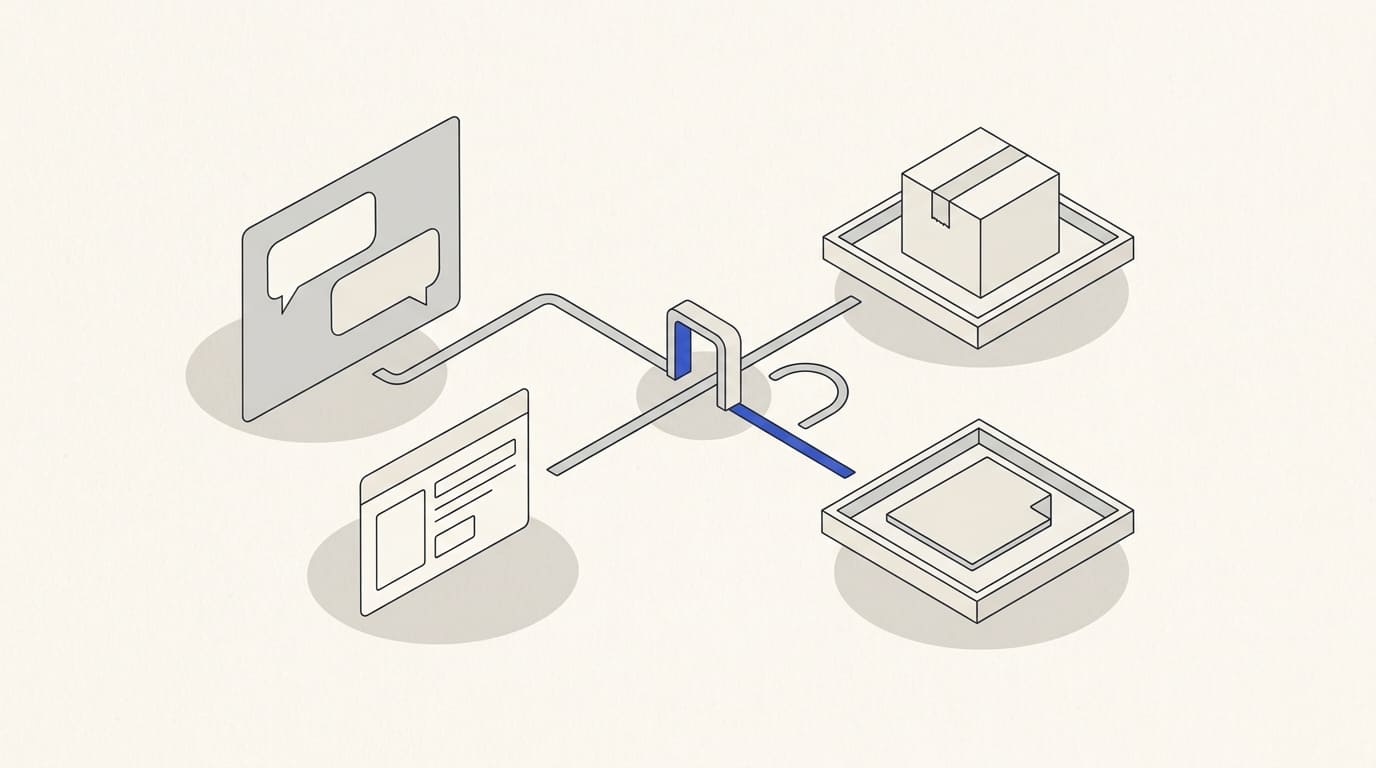A folder with history and an enquiry passes from a bot to a work console while a gate pauses automation.