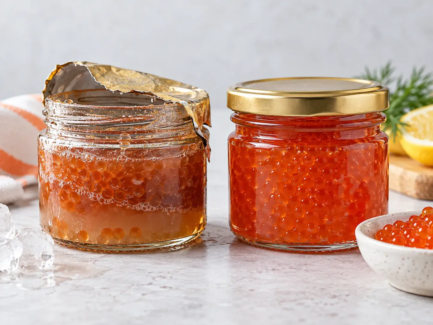 Испорченная и свежая красная икра рядом