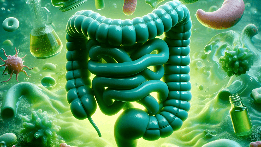 На снимке изображена зеленая толстая кишка, окруженная различными микроорганизмами и жидкостями