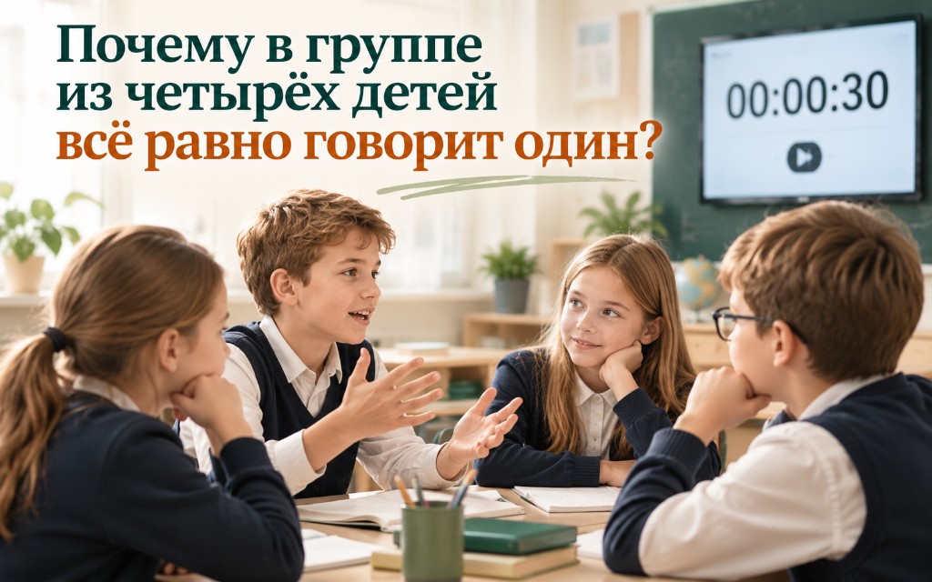 Четверо детей за столом — один говорит, остальные слушают, на экране таймер 00:30