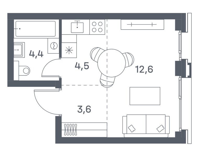 Планировка студии 25,1 м² в ЖК Portland: корпус 6, секция 2, 23-й этаж