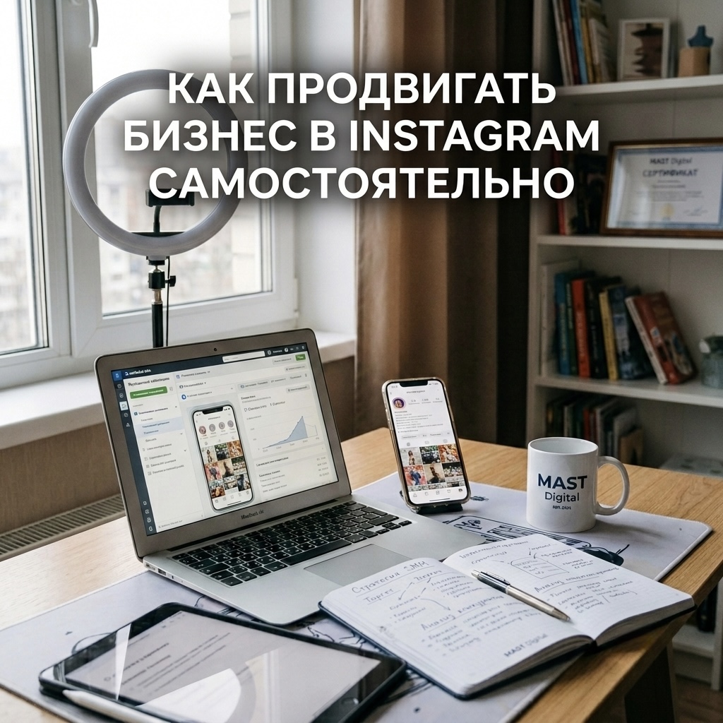 Баннер или обложка с заголовком: Как продвигать бизнес в Инстаграм самостоятельно. Фон: рабочее место со столом ноутбуком кольцевой лампой блокнотом и кружкой MAST Digital