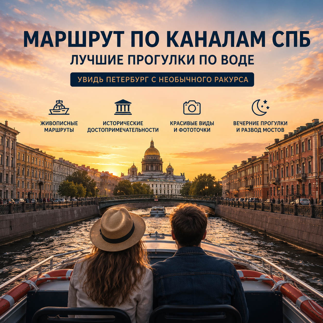 Маршрут по каналам СПб - прогулка на катере по рекам и каналам Санкт-Петербурга на закате